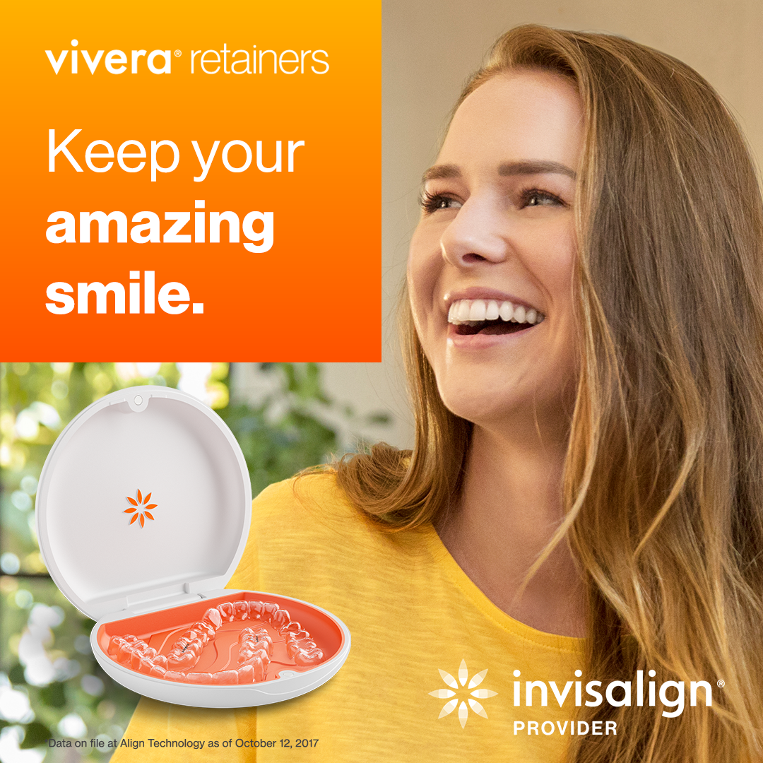Woman smiling, holding Vivera retainer case.